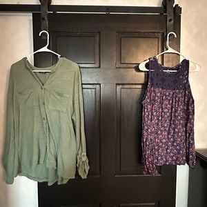 Two items. Both long sleeve. Blue shirt has “cold shoulders” and Lacey chest.